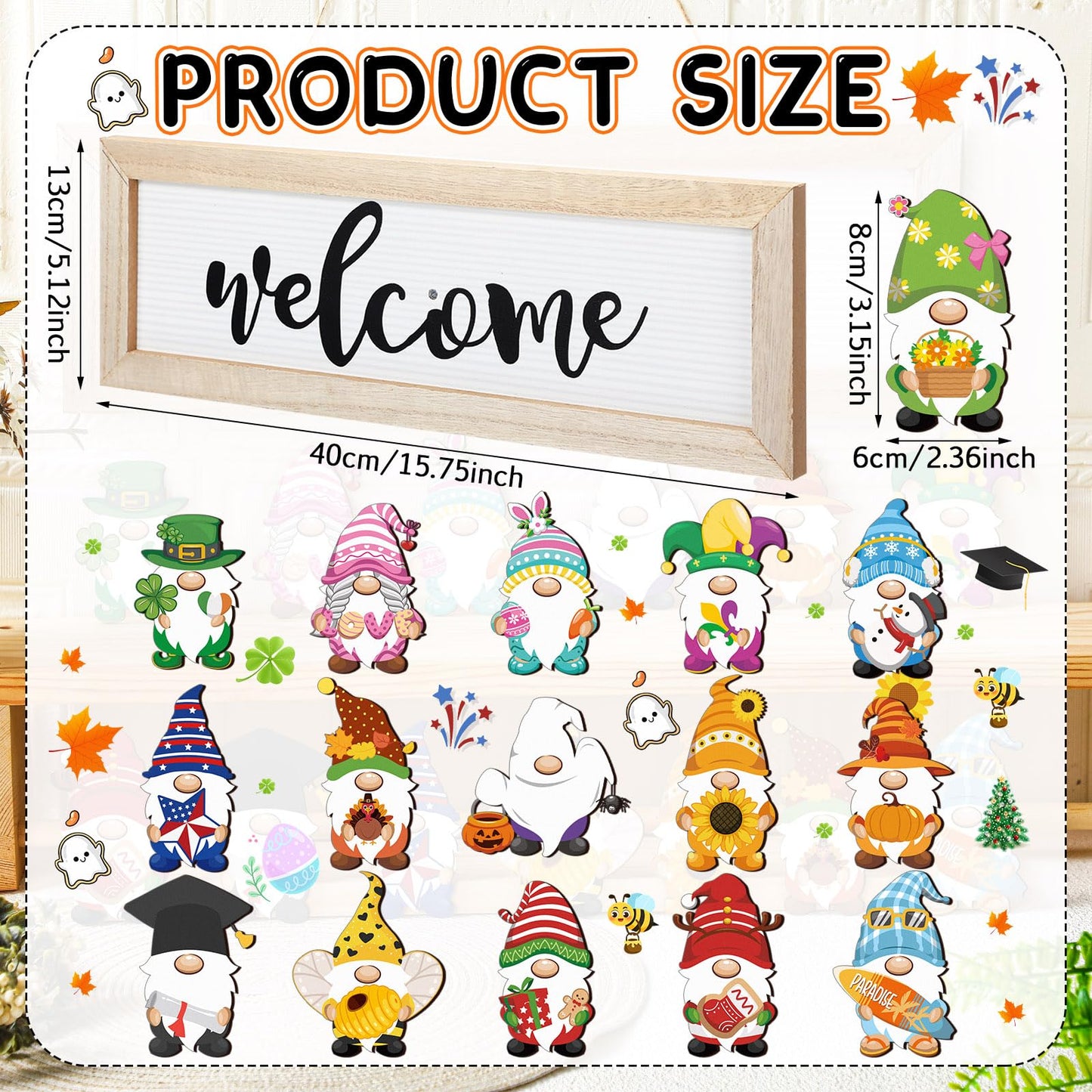 Bucherry Interchangeable Welcome Seasonal Tabletop Sign with 16 Pcs Seasonal Gnome Magnet Icons Holiday Christmas Wooden Horizontal Plaque Hanging Wall Sign Gift for All Seasons Counter Table