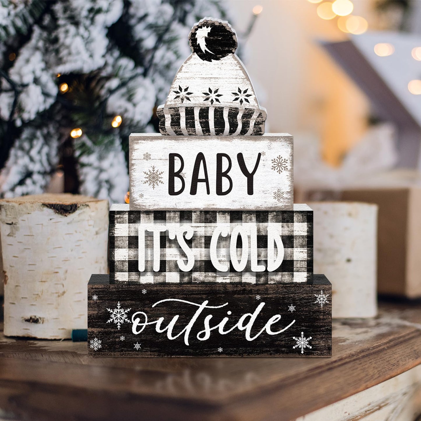Marsui 4 Pcs Winter Wooden Tabletop Decor Wooden Hat Block Sign Rustic Tiered Tray Decor Baby Its Cold Outside Table Centerpiece Cozy Neutral Winter Decoration for Home Office Desk Shelf