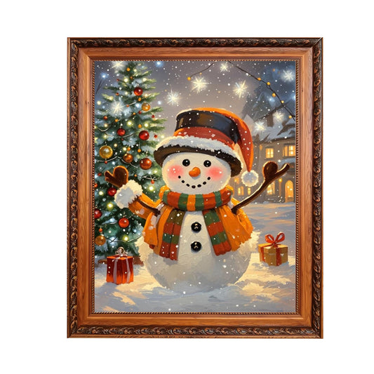 Cheerful Christmas Snowman Wall Art Print, Festive Winter Holiday Painting, Cute Snowy Christmas Tree Home Decor, Whimsical Holiday Poster, 8x10 Inches Unframed