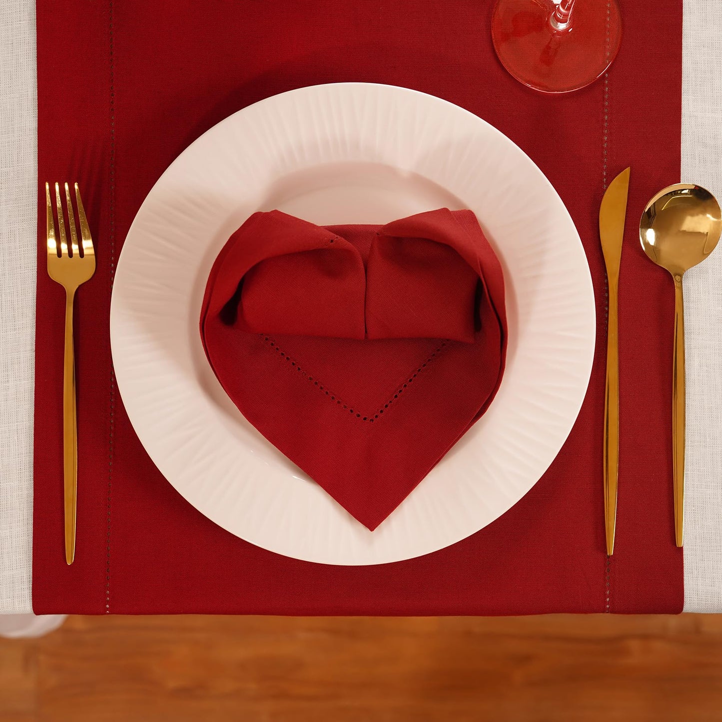 Home Ekaa Red Cotton Linen Dinner Napkins Set of 4 – Hemstitch Cloth Napkins 20x20 Inch – Washable Fabric for Dining, Mothers Day, Gifting, Holiday & Everyday Décor – Serena