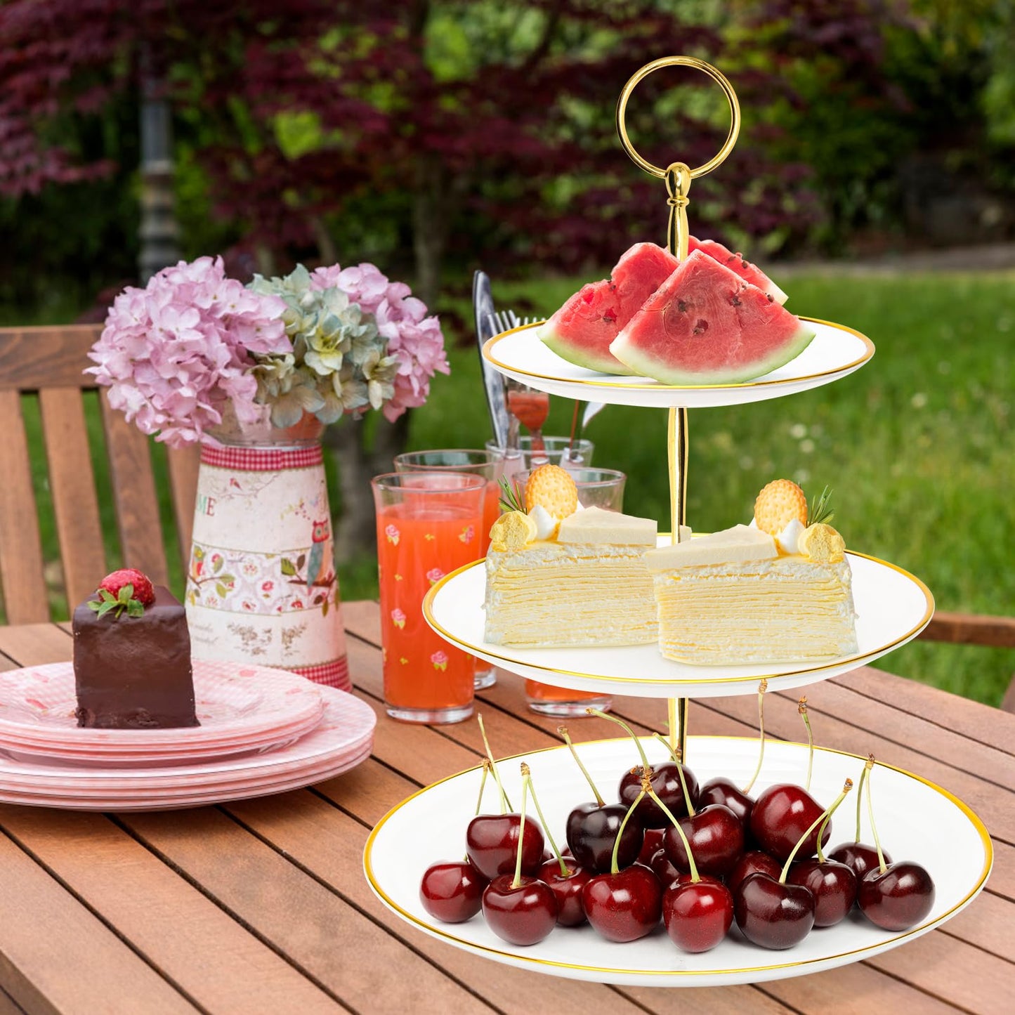Coitak 3 Tier Cupcake Stand, Plastic Tiered Serving Stand, Dessert Tower Tray for Tea Party, Birthday and Wedding (Round-gold edge)
