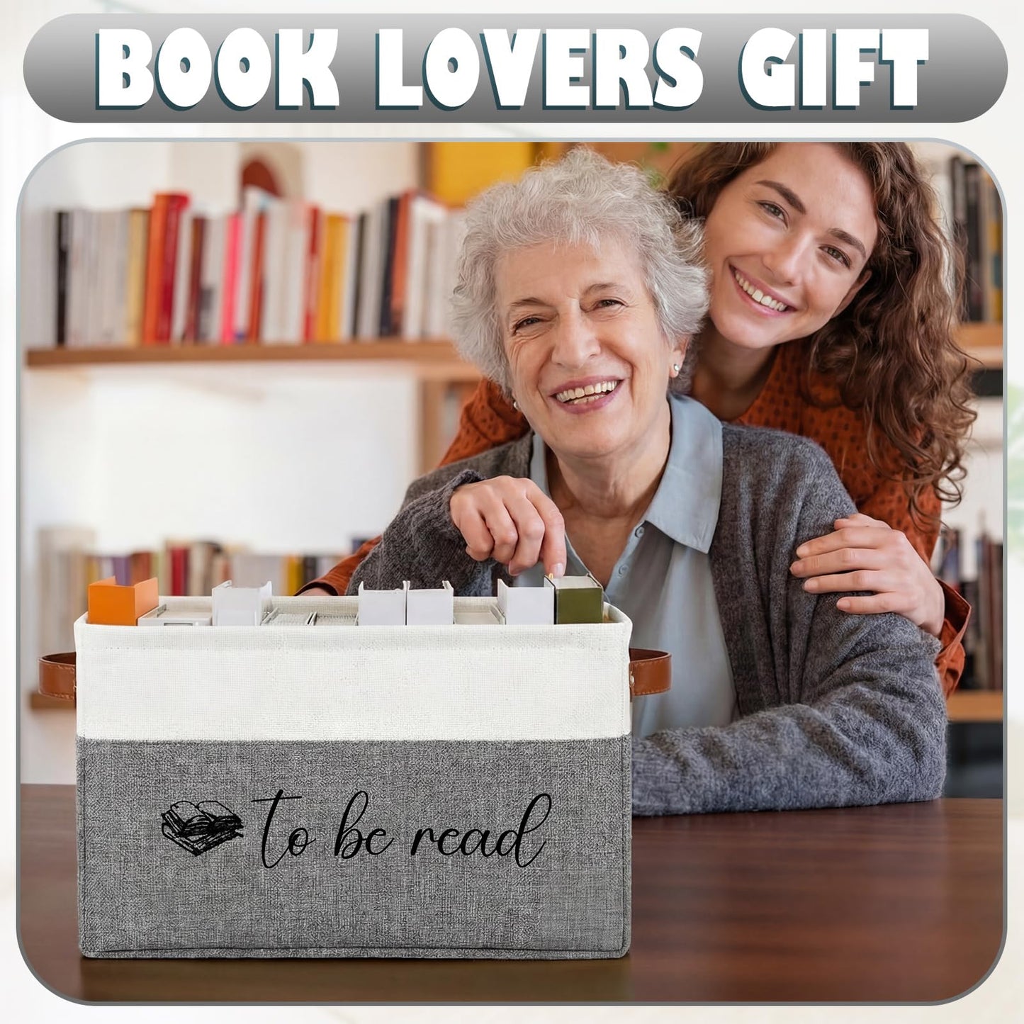 Marsui Book Lover Gifts TBR Book Storage Basket with Lids to Be Read List Storage Bin Bookish Accessories Bookworm Gift for Club Members Student Teacher Reading Accessories(White and Grey)