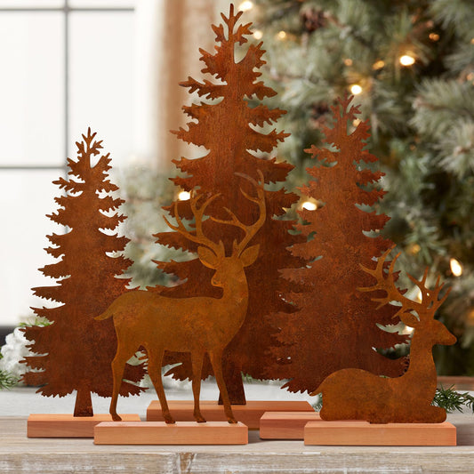 EIMMBD 5pcs Metal Rusty Christmas Trees and Elk Decor, Vintage Evergreen Trees Table Centerpieces Farmhouse Rustic Christmas Decorations for Room Mantel Fireplace Shelf