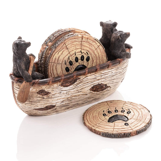 Bear Coasters Set of 6 Full Size Rustic Coasters in Handmade Canoe with Adorable Black Bear Figurines - Log Cabin Decorations, Rustic Lodge Decor for The Home
