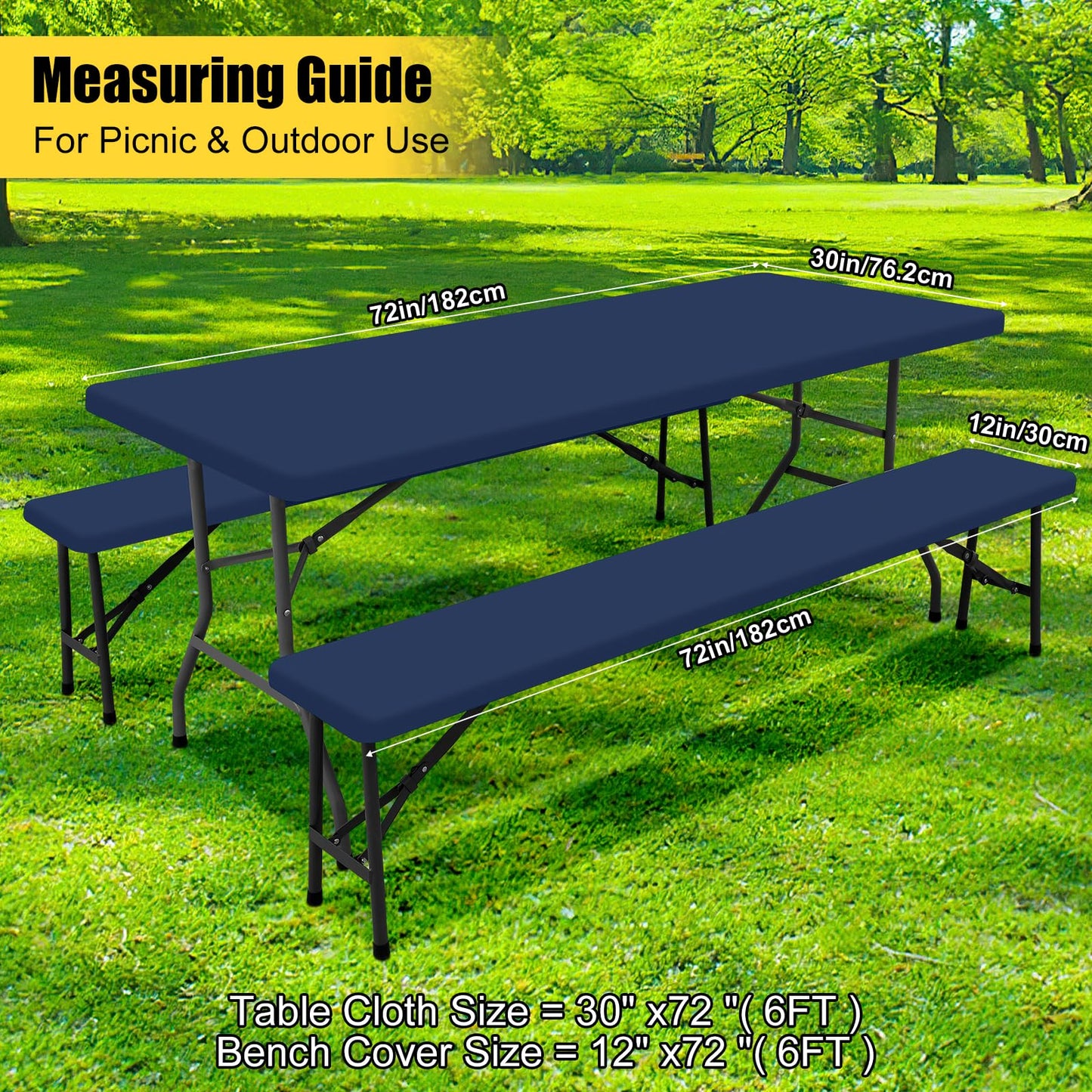 Smiry Picnic Table Cover with Bench Covers, Waterproof Elastic Fitted Polyester Tablecloths for 6 Ft Rectangle Tables, Washable Windproof Tablecloth for Camping, RV & Outdoor (Navy, 30x72 Inches)