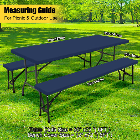 Smiry Picnic Table Cover with Bench Covers, Waterproof Elastic Fitted Polyester Tablecloths for 6 Ft Rectangle Tables, Washable Windproof Tablecloth for Camping, RV & Outdoor (Navy, 30x72 Inches)