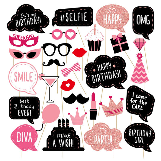 Birthday Photo Booth Props Kit - Happy Birthday Party Favors Supplies Bday Party Decoration Set with Real Glitter Cute Bday Designs for Women - Easy to Assemble 30 Pieces (Rose Gold)