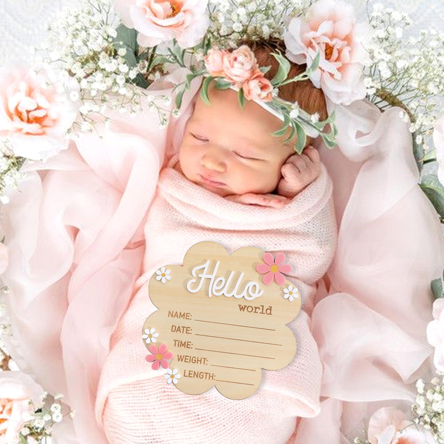 Hello World Newborn Sign - Wooden Baby Name Announcement Board, Daisy Design, Gender Neutral Nursery & Hospital Photo Props Keepsake Gift