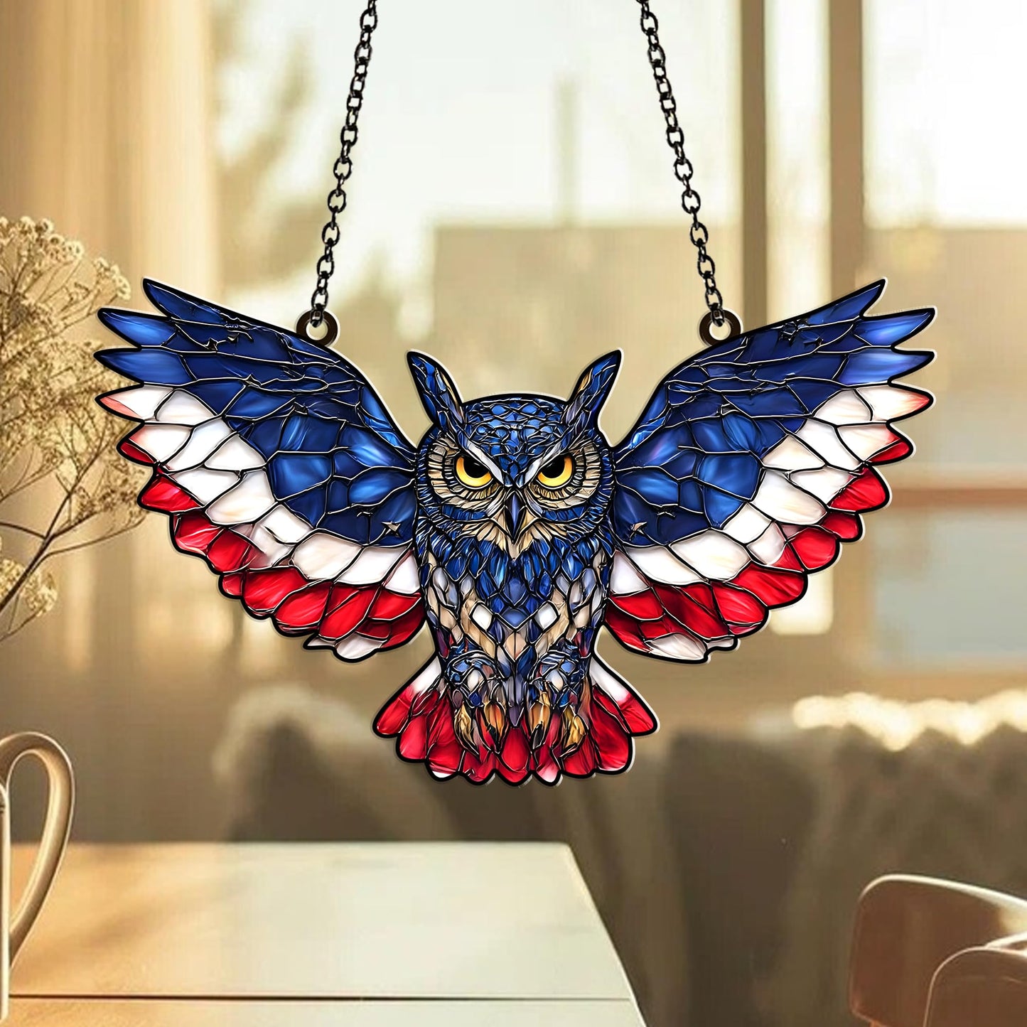 American Flag Owl Suncatcher Acrylic Suncatcher Window Hanging Ornament Patriotic Owl Decor for Home, Garden, Office 4th of July Gifts Bird Ornament for USA Lovers, Veterans, Nature Fans