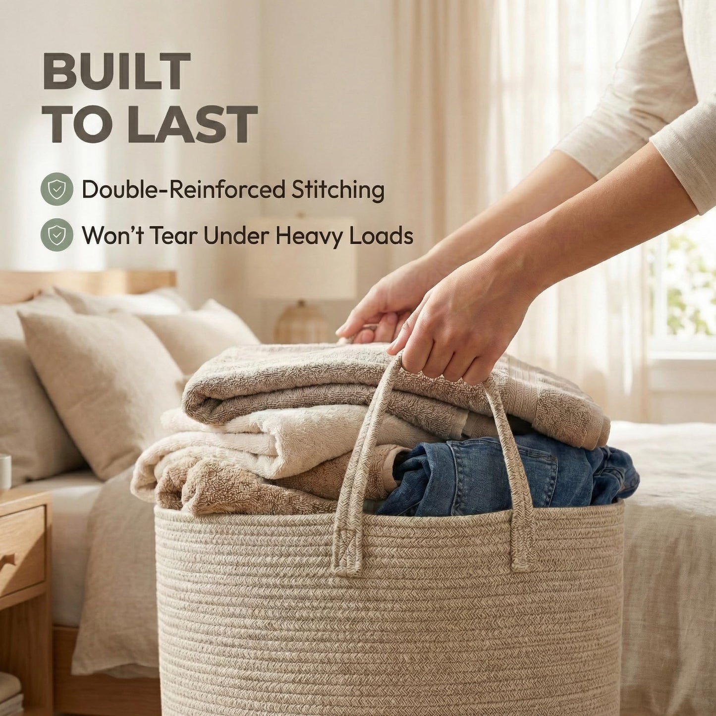 JMvicyroam 65L Extra Large Blanket Basket for Living Room - Woven Cotton Rope Laundry Hamper with Reinforced Handles - Storage Bin for Pillows, Comforters & Toys - Machine Washable,Oatmeal