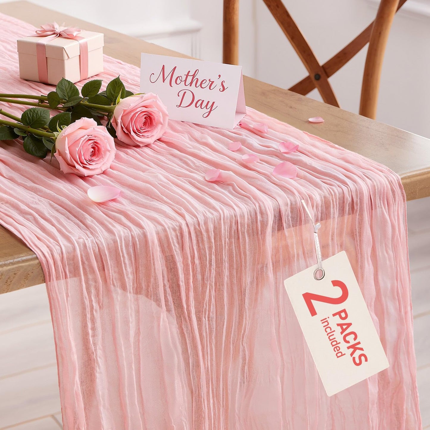 Pureegg 2-Pack Cheesecloth Table Runner, 120'' Easter Spring Boho Gauze Table Cloth Decorations for Party, Baby Shower, Wedding and Farmhouse, Fabric Room Decor, Dusty Pink