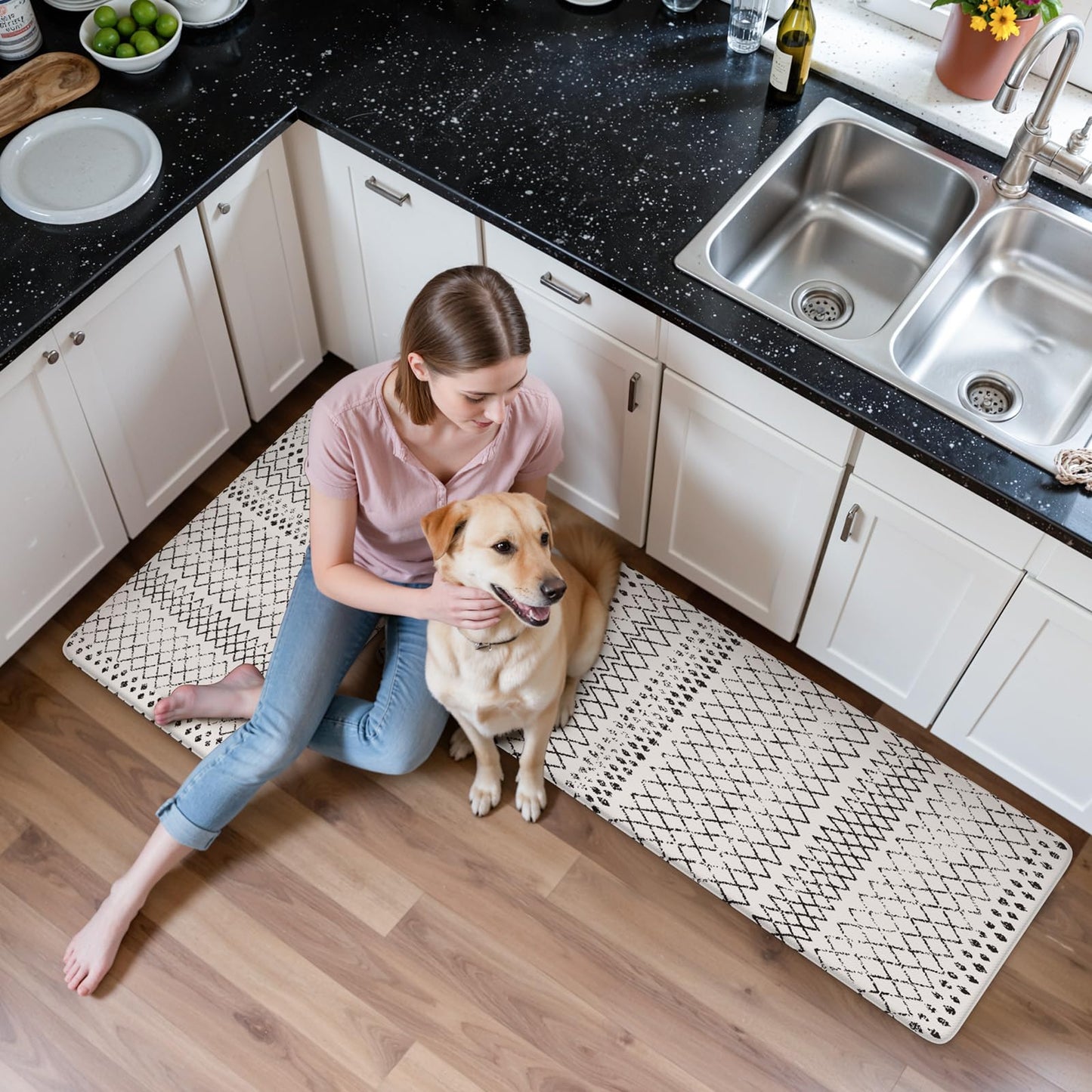 KIMODE Kitchen Mats 2PCS,Cushioned Anti Fatigue Kitchen Rugs and Mats,Non Skid Waterproof Kitchen Mats for Floor,Comfort Foam Standing Mat for Home Decor, Office,Sink,Laundry Room,Desk,Black and White