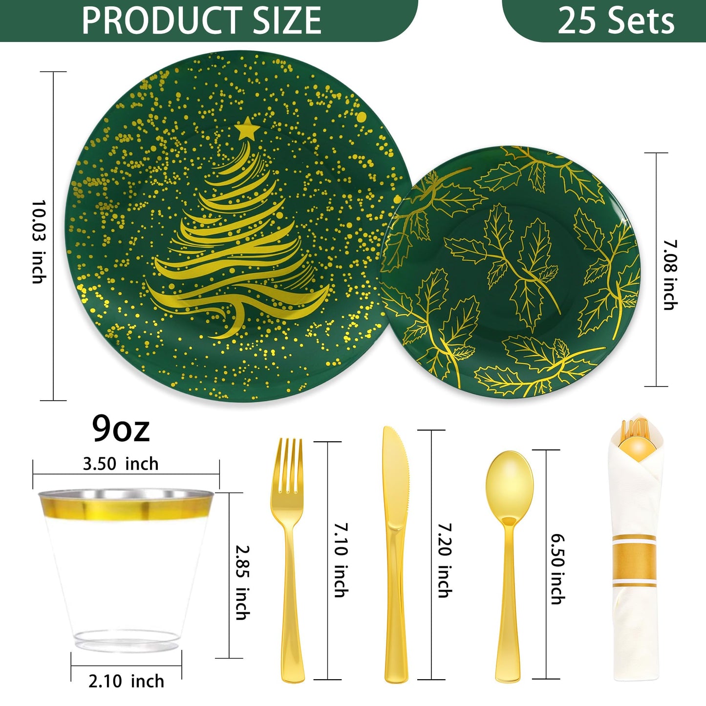 qonimi 175PCS Christmas Party Supplies - Christmas Plastic Dinnerware Set for 25 Guests, 50 Dinner Plates, 25 Cups, 25 Pre-Rolled Napkins with Plastic Cutlery, Gold Tree Design for Party