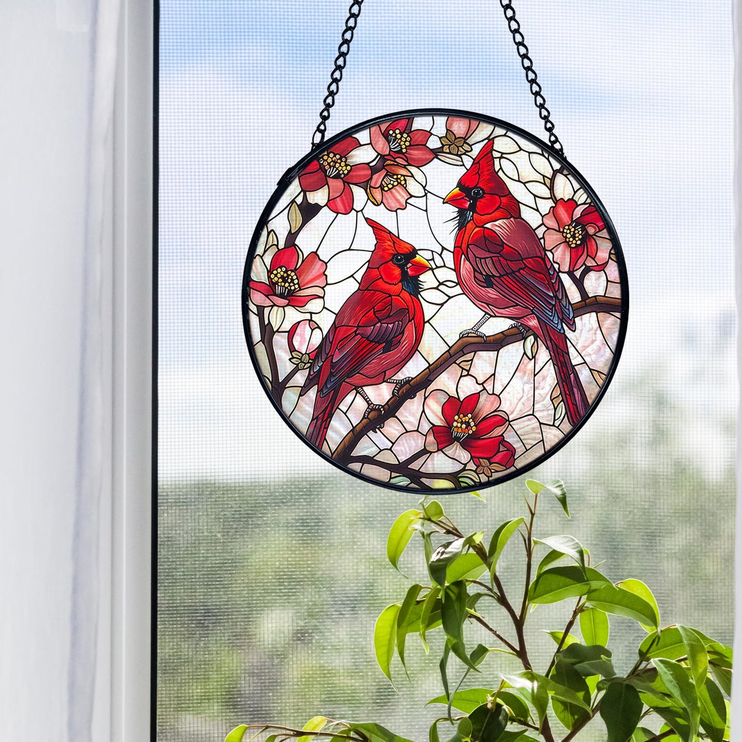 FUGWN Cardinal Bird Stained Glass Window Hanging, Red Cardinal Flower Sun Catchers Indoor Window Round Glass Wall Art Decor, Bird Suncatcher Wall Hanging Decorations, Gardening & Lawn Care