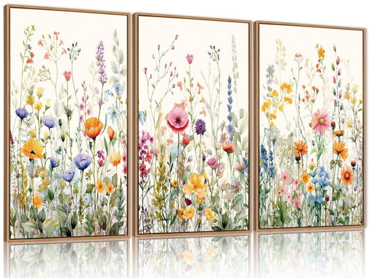 FWIEXA Wildflower Pictures Wall Decor, 3 Piece Floral Canvas Wall Art Set, Framed Watercolor Flower Painting, Colorful Botanical Artwork, 16x24 Inches Poster for Living Room, Bedroom, Nursery, Home
