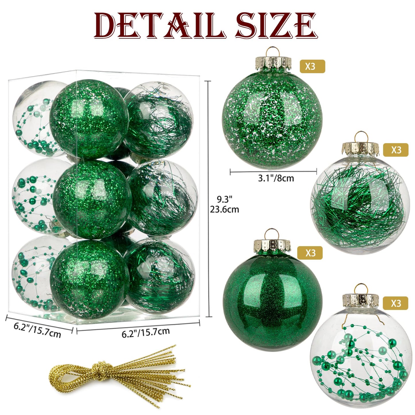 Briful 80mm/3.15" Shatterproof Clear Plastic Christmas Ball Ornaments Decorative Transparent Xmas Balls Baubles Set with Stuffed Delicate Decor Hanging Christmas Tree Ornaments(12 Counts, Green)