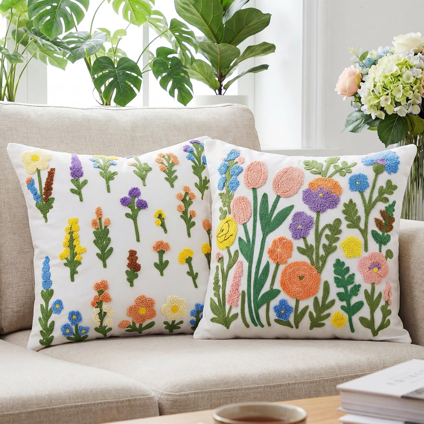 Gilprop 2 Pcs Embroidered Throw Pillow Covers Boho Square Pillow Covers Floral Spring Leaf Plant Cushion Cases for Bed Couch Sofa Bedroom Living Room Home Decor(Flowers,18 x 18 Inches)