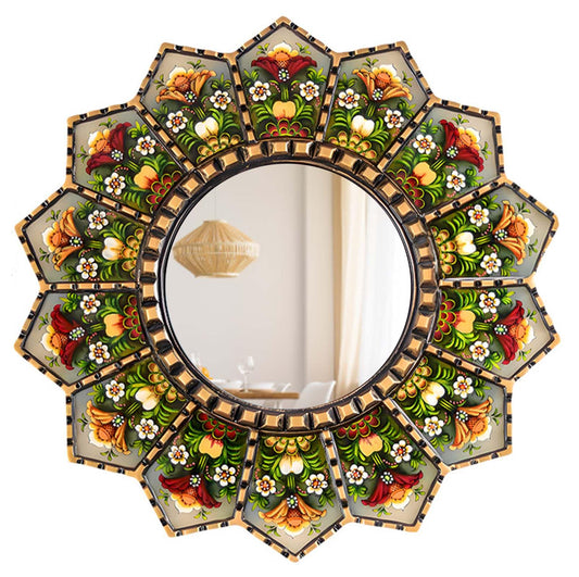 WTVLAX Sunburst Mirror Design Featuring Moroccan Style,2D Pattern 11.8inch Home Decorative Mirror for Living Room Bedroom Entryway The Pattern is Printed (Flower+Sunburst)