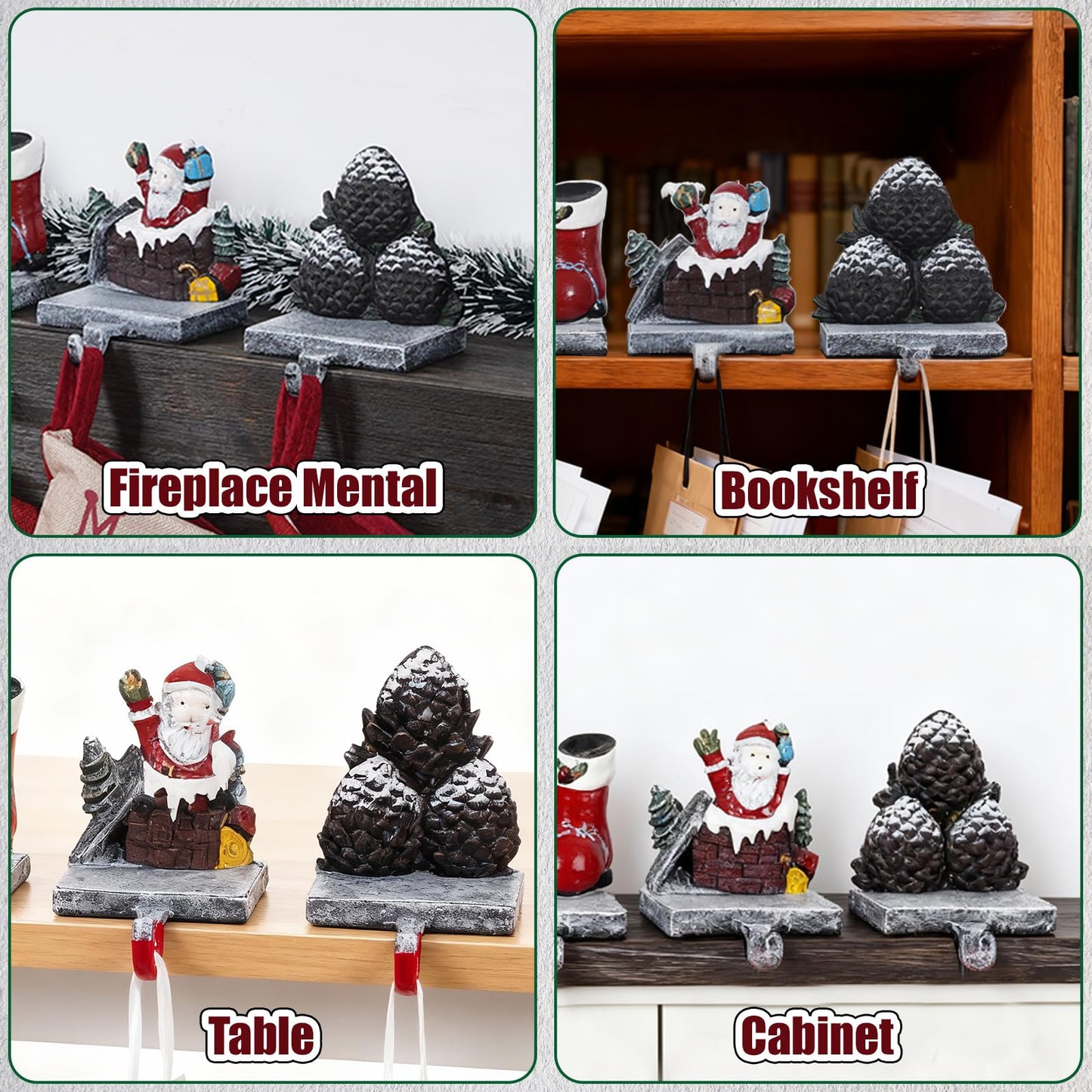 IGOHEALS Stocking Holders for Mantle – 3D Christmas Stocking Holder Heavy Duty Cast Iron Garland Hangers for Mantel with Non-Slip Base | Xmas Decor, Sturdy Fireplaces Hook (Pine Cone and Santa)