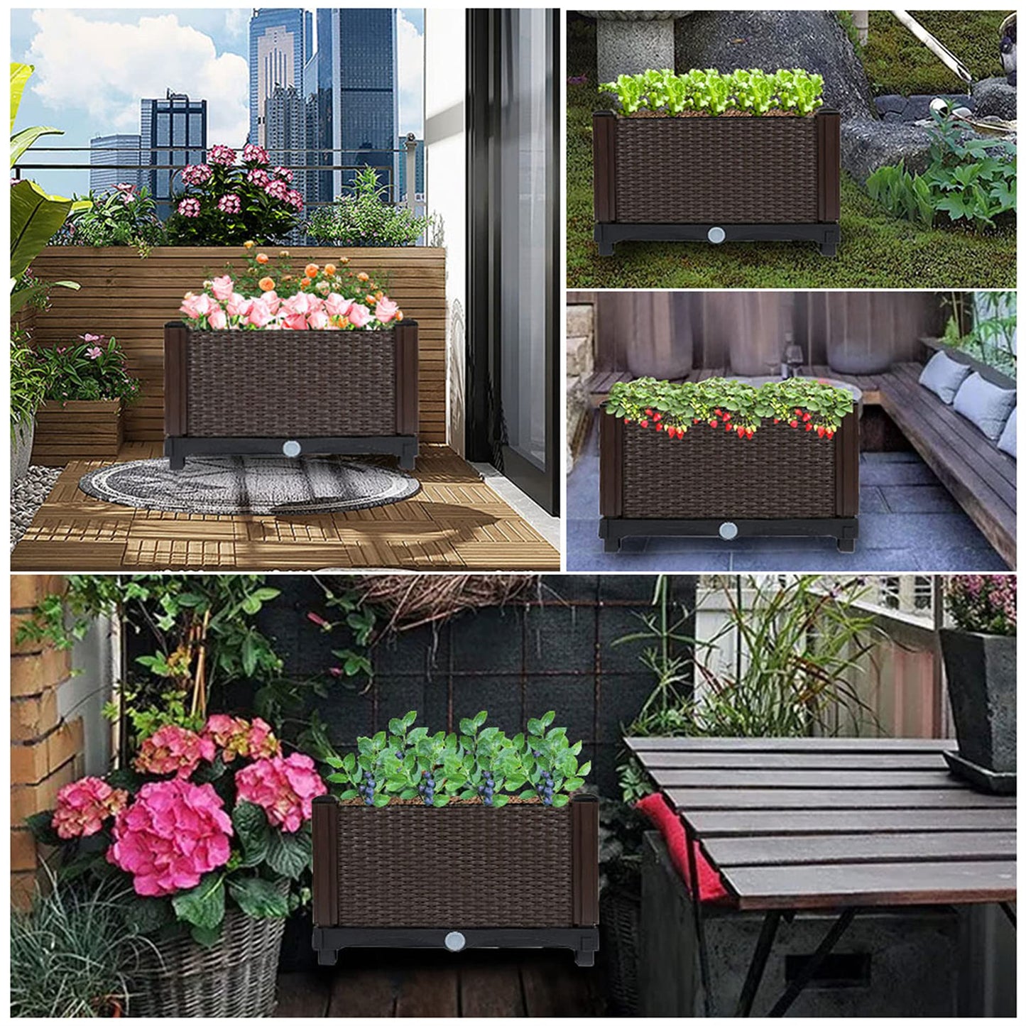 elfinrm Square Raised Garden Bed, Garden Free Splicing Planting Box Outdoor Indoor Planting Container Stylish Rattan Pattern Set of 1, Brown