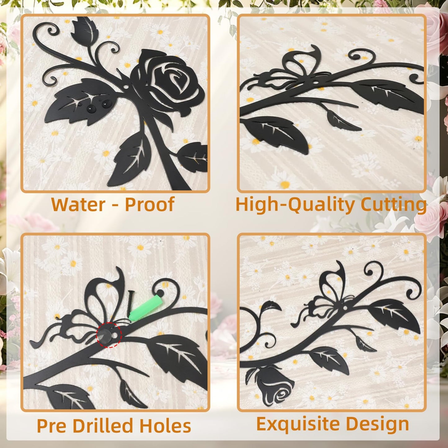 KOYILTD Metal Wall Decor, Black Wrought Iron Rose Vine Wall Art, Rustic Hanging Wall Sculptures with Iron Scroll Design, For Indoor Outdoor Living Room Office Above Door Decoration (Vivid)