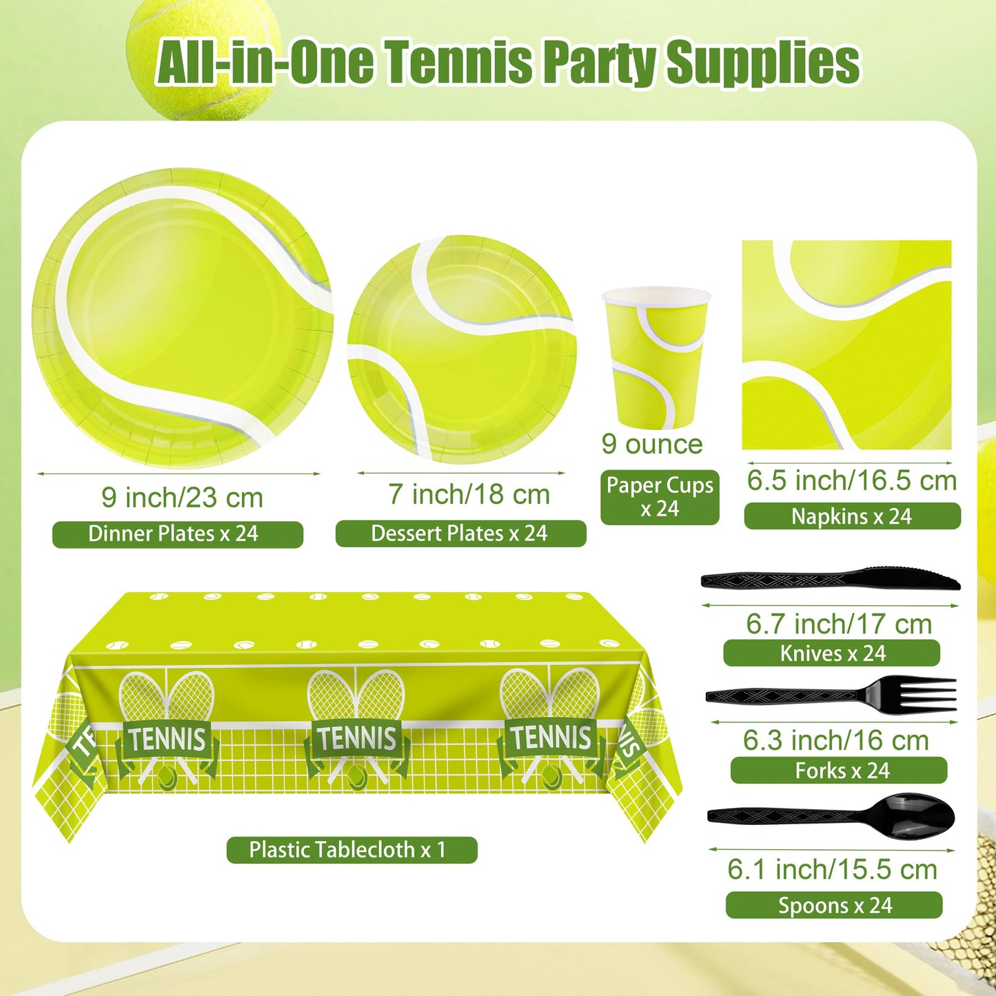 Kochorie 169 Pieces Tennis Party Supplies Disposable Tableware Set Includes Paper Plates Napkins Cups Plastic Tablecloth Knives Forks Spoons for Tennis Sports Theme Birthday Decor, Serve 24