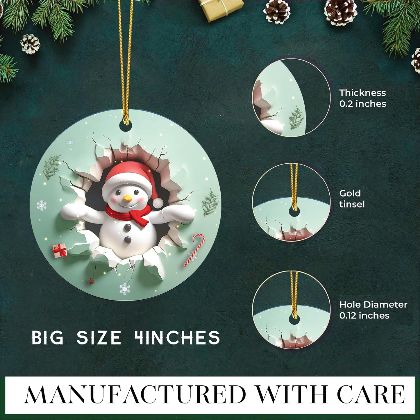 Faythory Snowman Christmas Ornament 2025 – 3D Illusion Printed Design, Cute Snowman, Elegant Shatterproof Ornament for Christmas Tree, Indoor Holiday Décor, 4” Round