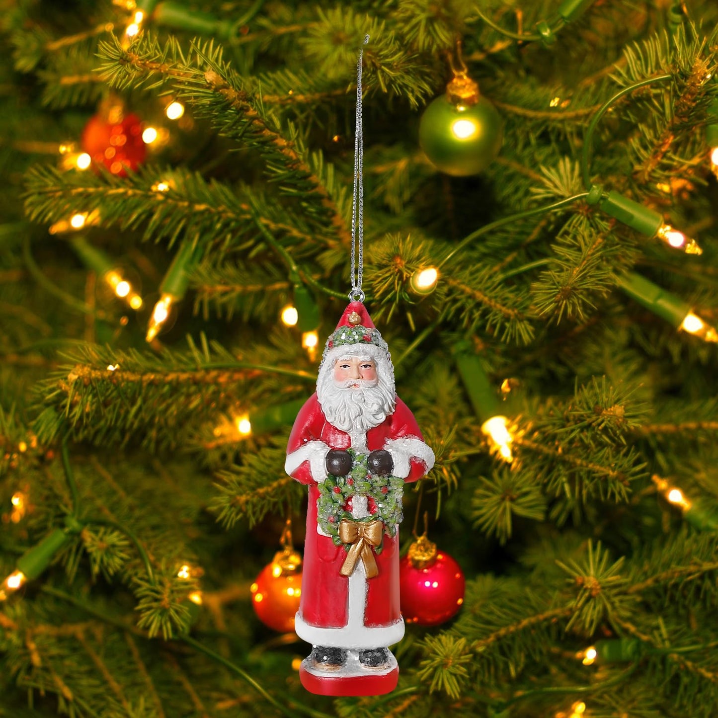 EZVYAO 2025 Santa Claus Figurines Christmas Decorations Resin Standing & Hanging Santa Ornament for Tree Tabletop Office Home Decor Xmas Gifts, Santa in Red Cape, 5.4" H