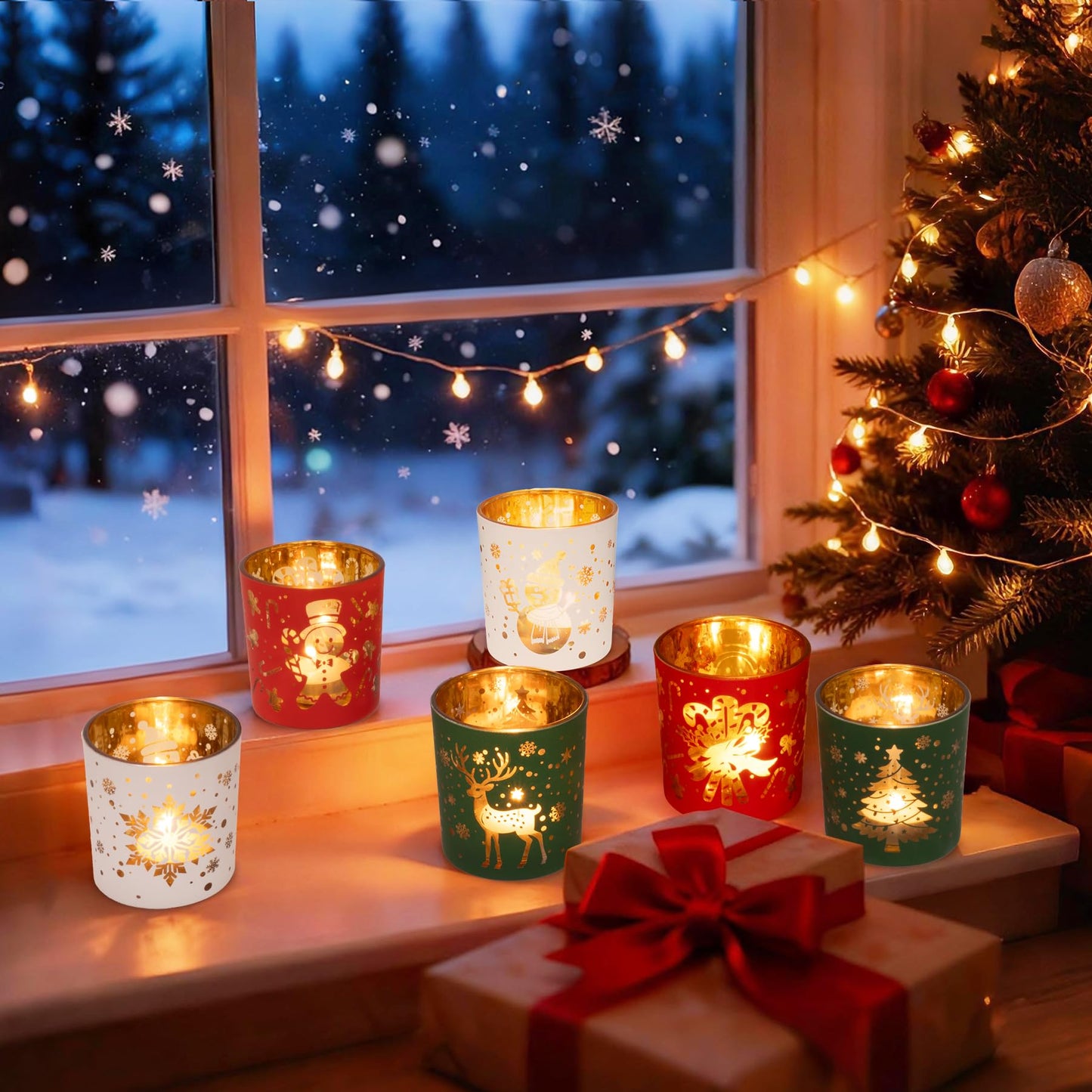 Romcanmy Christmas Votive Candle Holders, Set of 6 Red Green White Glass Candle Holder for Christmas Table Centerpiece, Snowflake Reindeer Xmas Tree Tea Light Holders for New Year Winter Party Decor