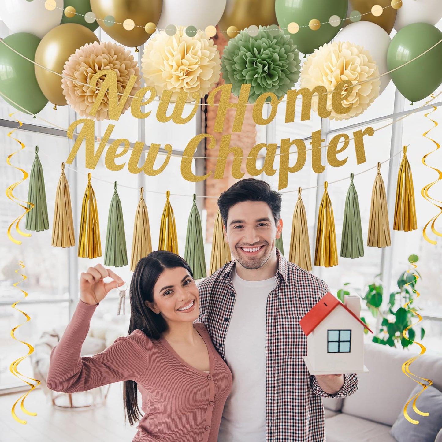 New Home New Chapter Housewarming Decorations Set, Sage Green Gold Boho Welcome Home Party Decor Kit with Banner, Balloons, Tassels & Garland