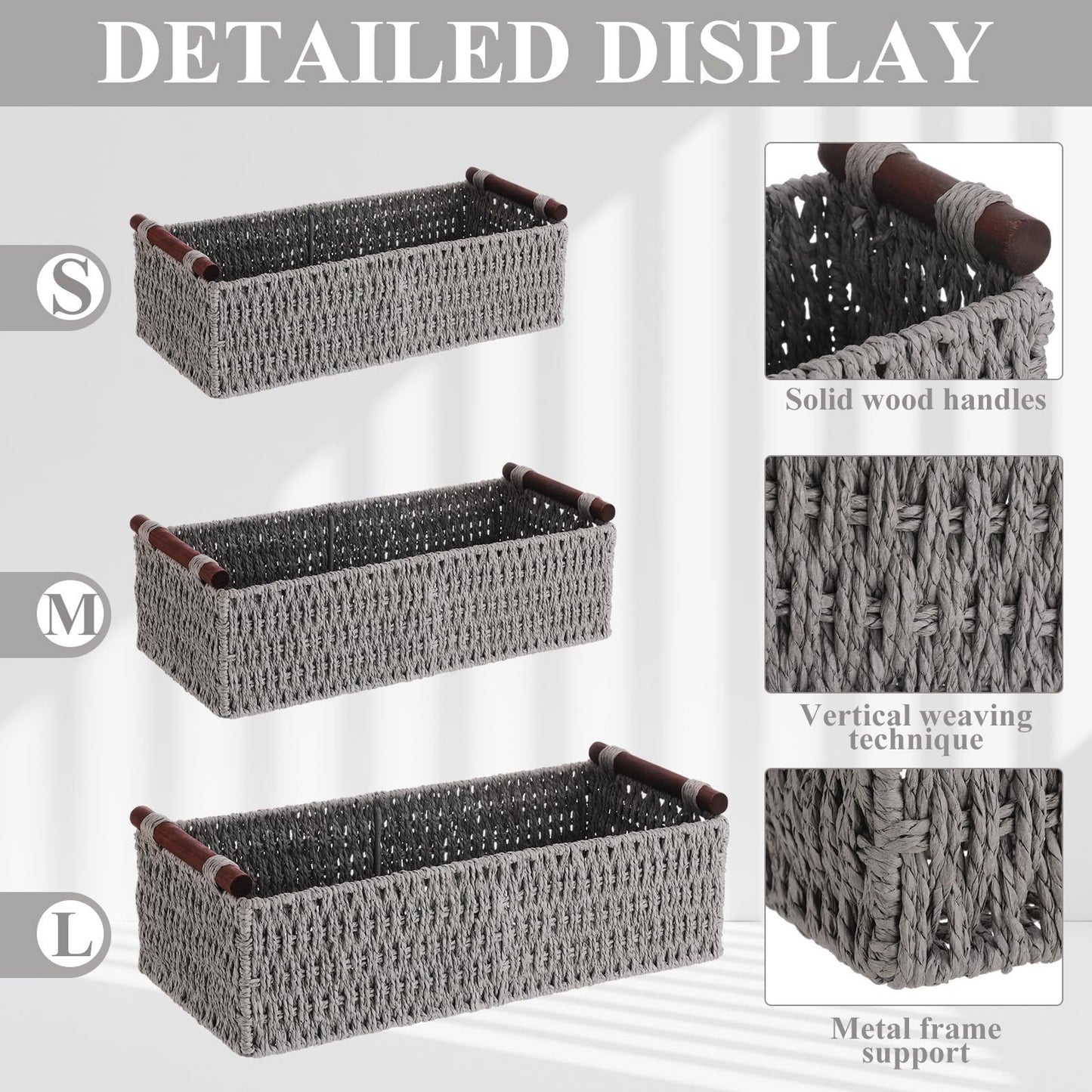 Boao 3 Pcs Boho Storage Wicker Baskets Handmade Woven Decorative Paper Rope Baskets for Organizing with Handle Countertop Toilet Paper Storage Container for Toilet Tank Top(Grey,Rectangle)