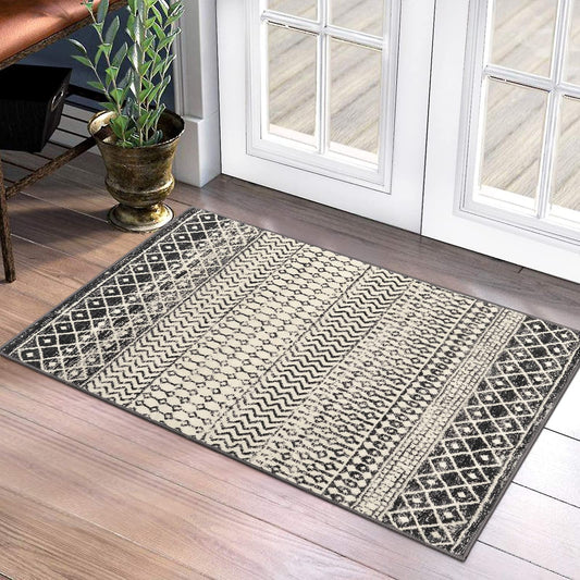 Nailttos Moroccan Area Rug, 2x3 Black Distressed Entryway Rug Non-Slip Small Rug, Soft Low-Pile Washable Indoor Door Mat Floor Carpet for Entrance Bedroom Kitchen Bathroom