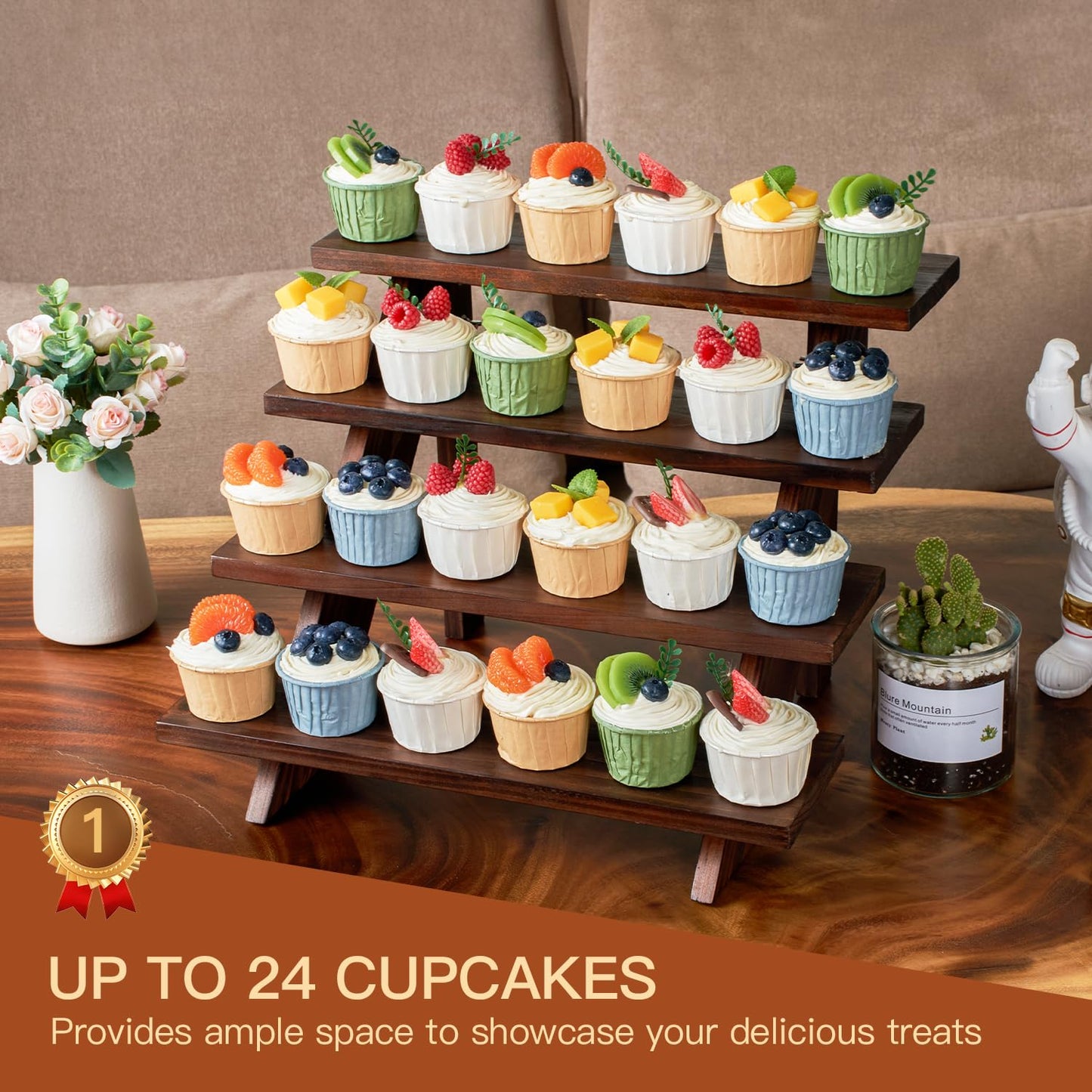DAOYOUSKY Wooden Rustic Cupcake Stand for 24 Cupcakes, Stepped Wood Display Stand for Weddings, Tiered Party Table Display Riser for Food , Dessert, Cookie, Decor, Craft Show, Brown