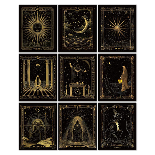 CRAFTYMELODY Tarot Wall Art Prints Set of 9 Gold Black Tarot Theme Poster Wall Decor Home Artworks for Gallery Living Dining Room Bedroom Bathroom Home Decoration 8x10 Inch Unframed