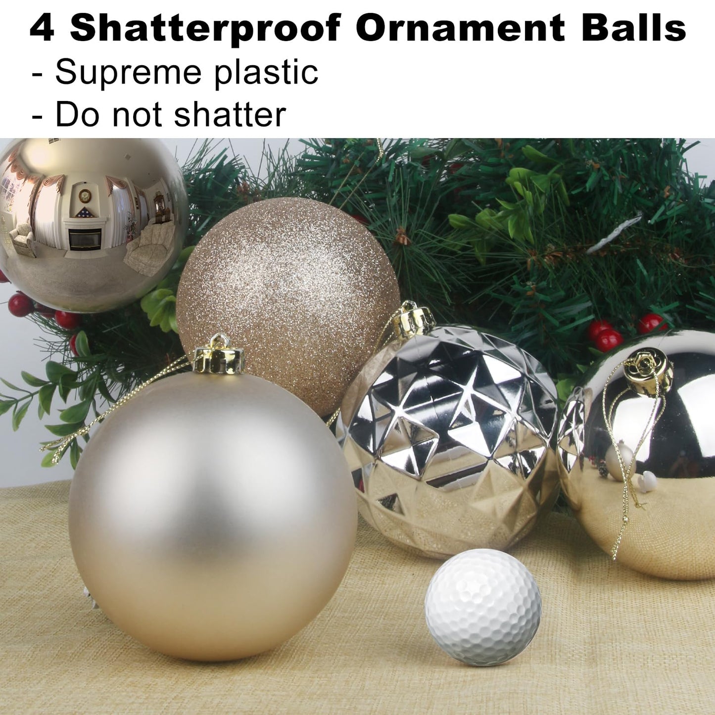 Champagne Gold Set of XL (4.0") 4PCS Christmas Balls - Christmas Tree Decoration Ornaments Shatterproof Hanging Balls for New Year Easter Valentine Holiday Decorations