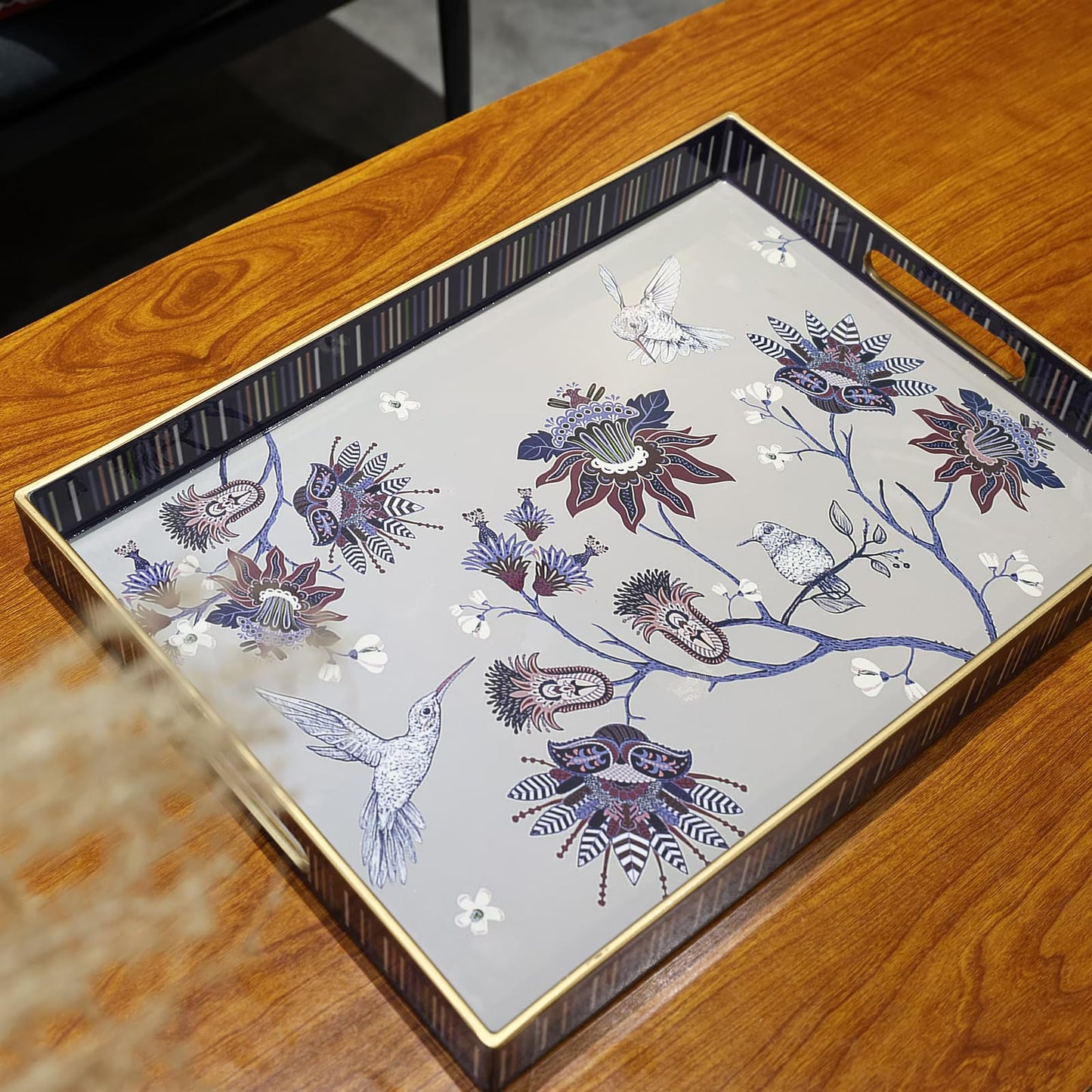 Omuriko Rectangle Plastic Serving Tray with Handles, Elegant Decorative Tray for Coffee Table, Ottoman, Living Room, Kitchen, Outdoor Use. 12"*16"*1.6" A