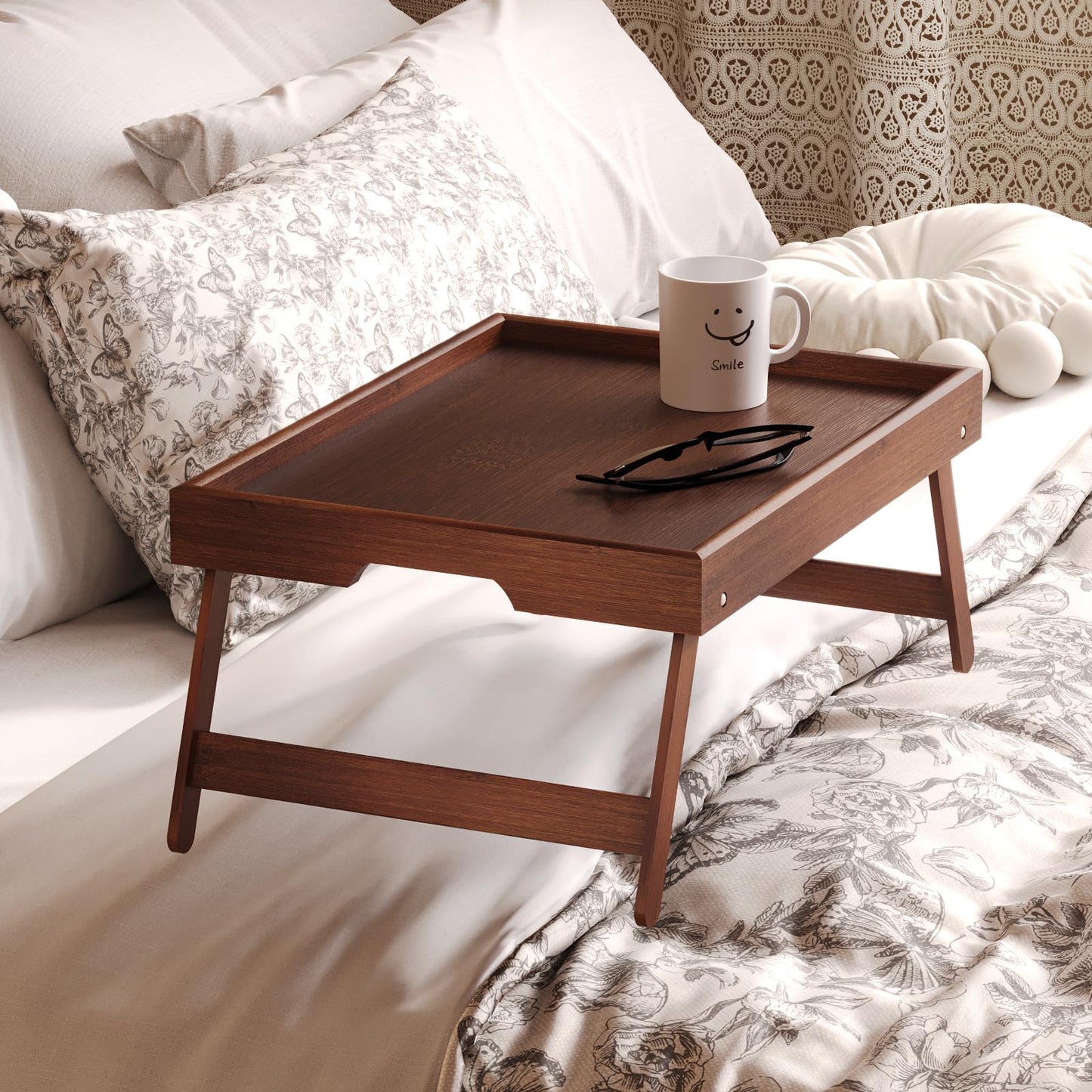 Fibogollo 2 Pack Bamboo Bed Tray Table with Folding Legs,Breakfast Trays,Serving Tray for Food and Snack,Laptop Trays for Working(Brown)
