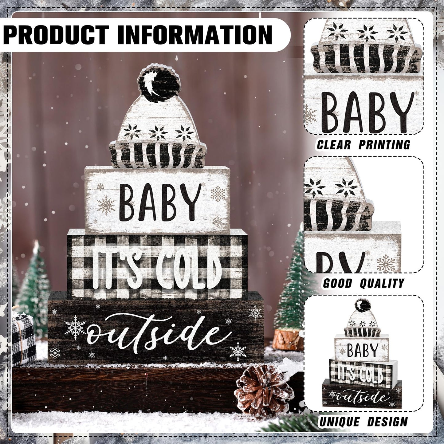 Marsui 4 Pcs Winter Wooden Tabletop Decor Wooden Hat Block Sign Rustic Tiered Tray Decor Baby Its Cold Outside Table Centerpiece Cozy Neutral Winter Decoration for Home Office Desk Shelf