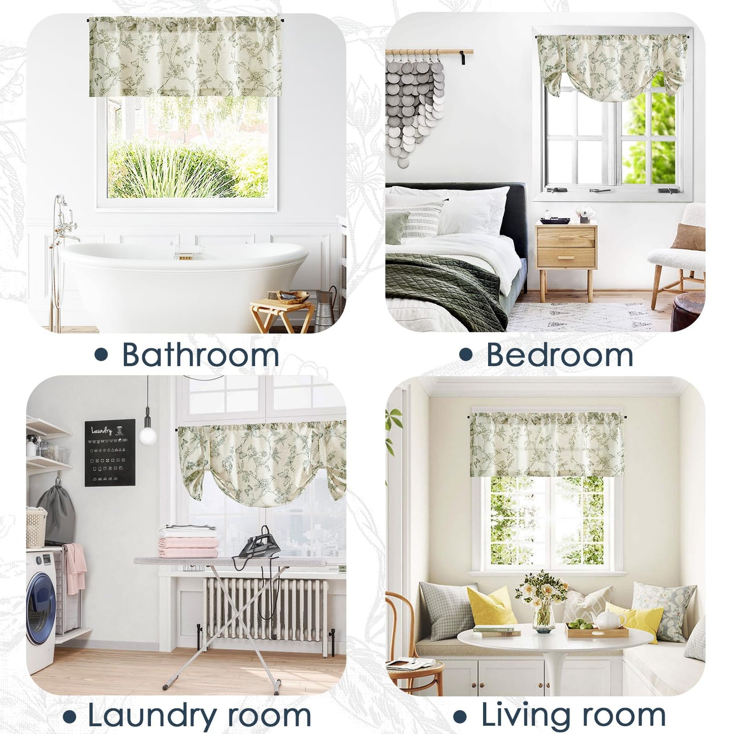 Lazzzy Green Floral Valance Curtain Linen Farmhouse Valance for Kitchen Living Room Bedroom Country Valances Window Treatments Small Window Cafe Curtain 16 Inch Rod Pocket 1 Panel Green on Beige