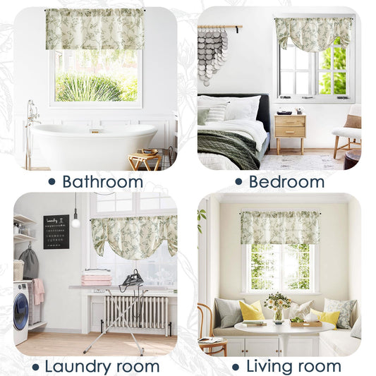 Lazzzy Green Floral Valance Curtain Linen Farmhouse Valance for Kitchen Living Room Bedroom Country Valances Window Treatments Small Window Cafe Curtain 16 Inch Rod Pocket 1 Panel Green on Beige