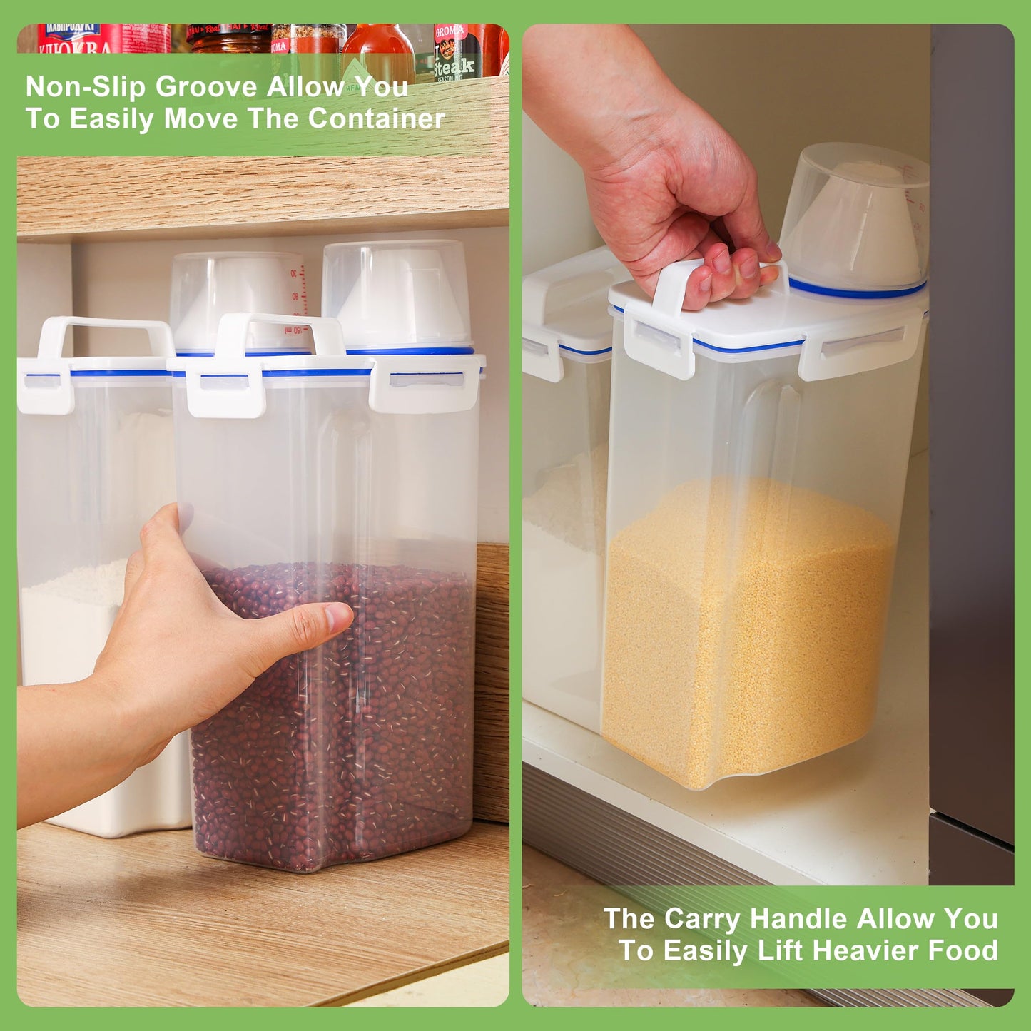 HNNJCK 4 Pcs Set Rice Storage Container 5.5lb, Rice Dispenser with Measuring Cup & Pour Spout for Flour Pasta Grain Pet Dog Cat Bird Food Storage Container