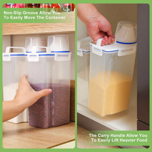 HNNJCK 4 Pcs Set Rice Storage Container 5.5lb, Rice Dispenser with Measuring Cup & Pour Spout for Flour Pasta Grain Pet Dog Cat Bird Food Storage Container