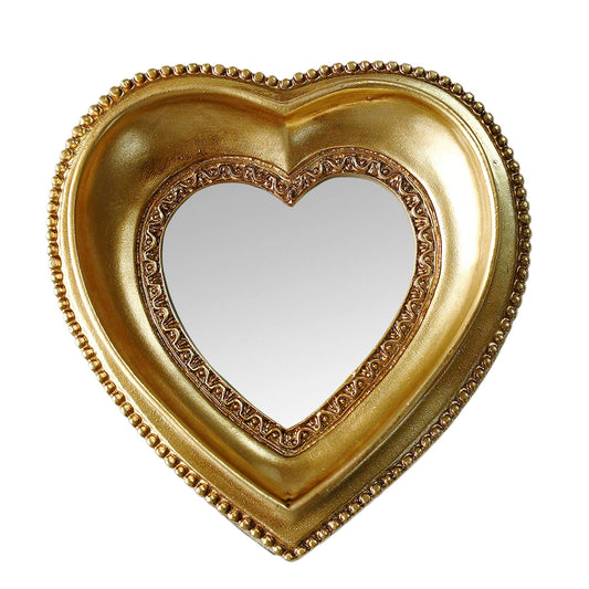 PYOAGT Golden Mini Vintage Mirror with Exquisite Relief Elegant Wall Decor for Bedroom Dresser Table Compact Resin Retro Design (Heart, 4.3X4.3)