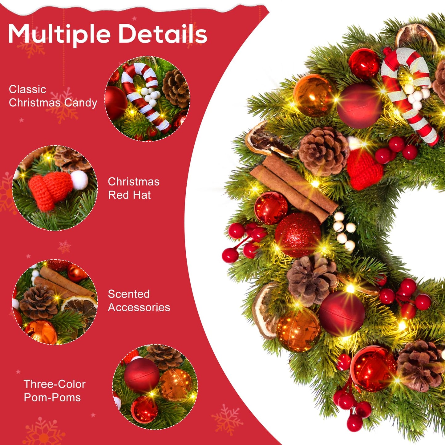 Quntis 16 Inch Christmas Wreath with 40 Lights 8 Modes, Lovely Christmas Door Wreath Decorations Artificial Xmas Wreath with PineCones Dried Lemon Pieces, Winter Wreaths Outdoor Porch Fireplace Window