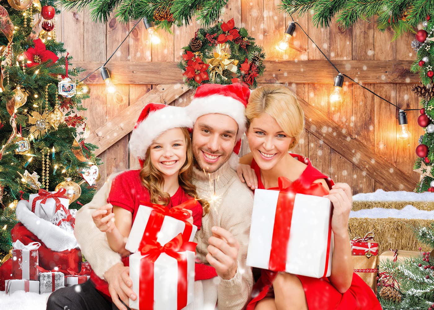 CYLYH 7x5FT Christmas Barn Wood Door Photography Backdrop Xmas Tree Snow Gift Wall Floor Party Photo Background for Holiday New Year Party Banner Family Holiday Party Supplies D554