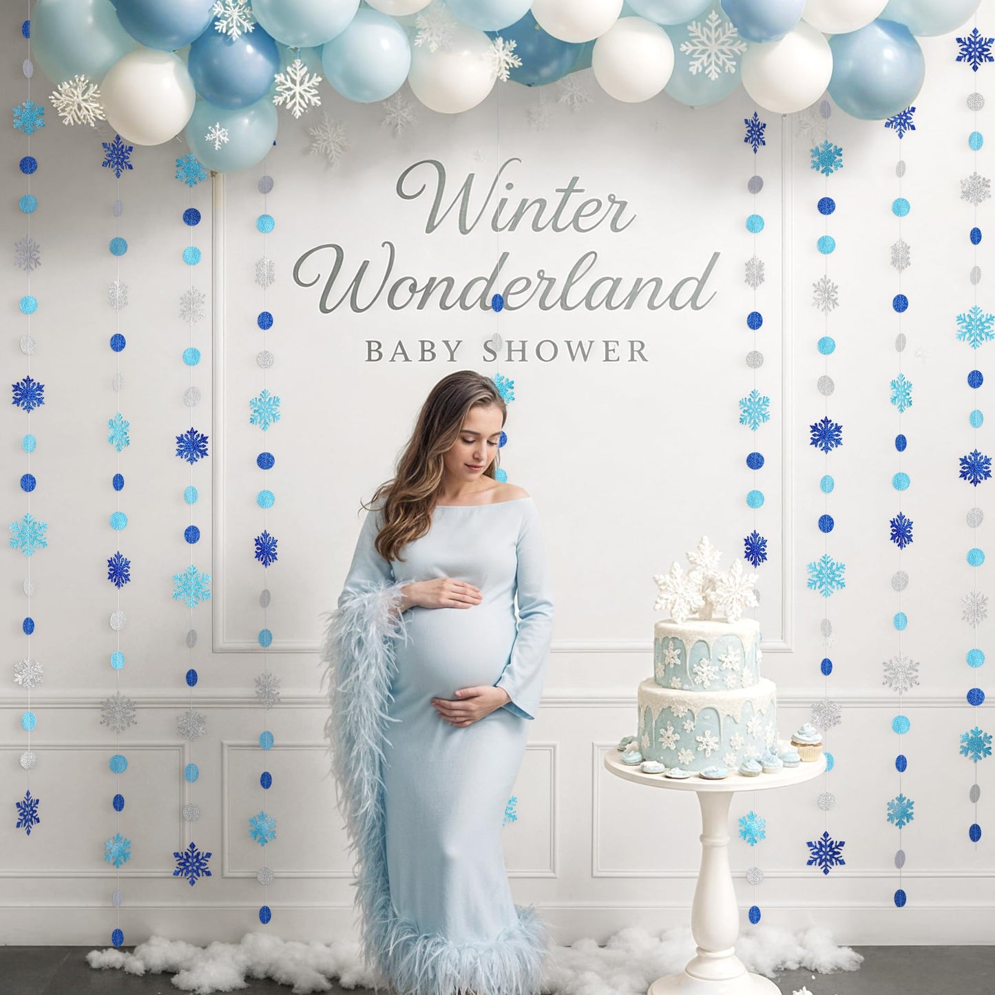 Kriyokiaa 8 PCS Blue Snowflake Garland Set, Double-Sided Glitter Winter Wonderland Hanging Decorations for Baby Shower, Birthday, Holiday Party Backdrop, Navy & Silver Paper Circle Snowflake Strings