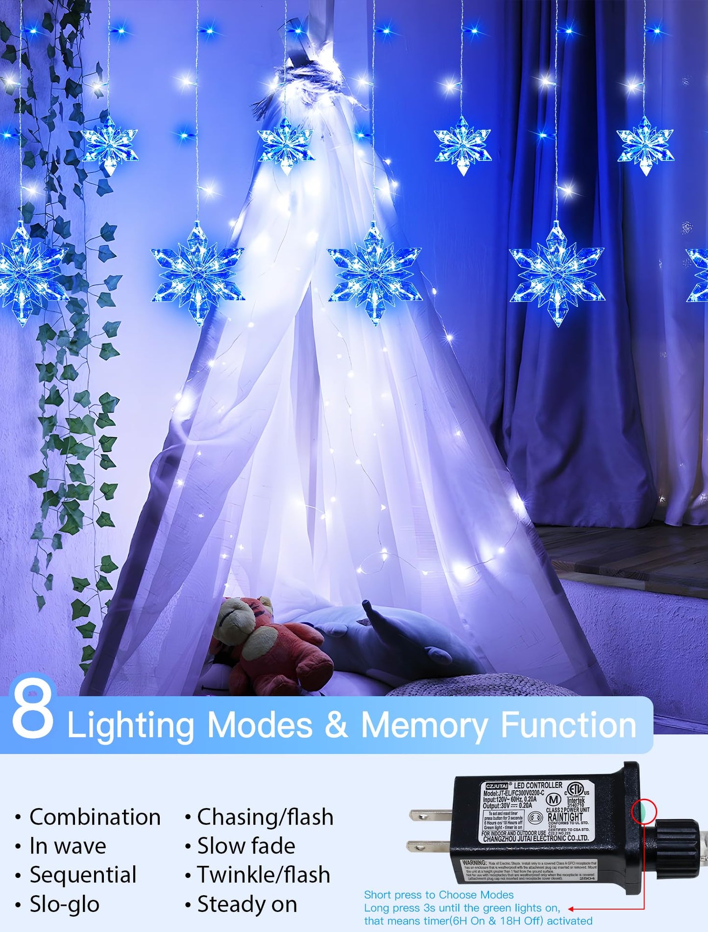 BEEWIN Christmas Snowflake Lights Outdoor,8.2 FT 144 LED Snowflake Icicle Lights with 12 Drops,8 Modes Timer Waterproof Connectable Xmas Light for Eaves,Windows,Curtain,Indoor Outdoor(Blue White)