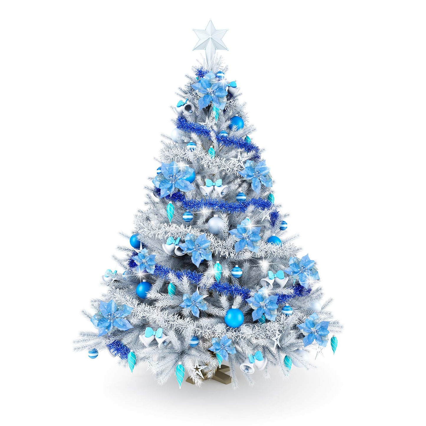 Boao 24 Pieces Christmas Artificial Glitter Poinsettia Flowers Xmas Flowers Wedding Christmas Tree New Year Ornaments(Blue)