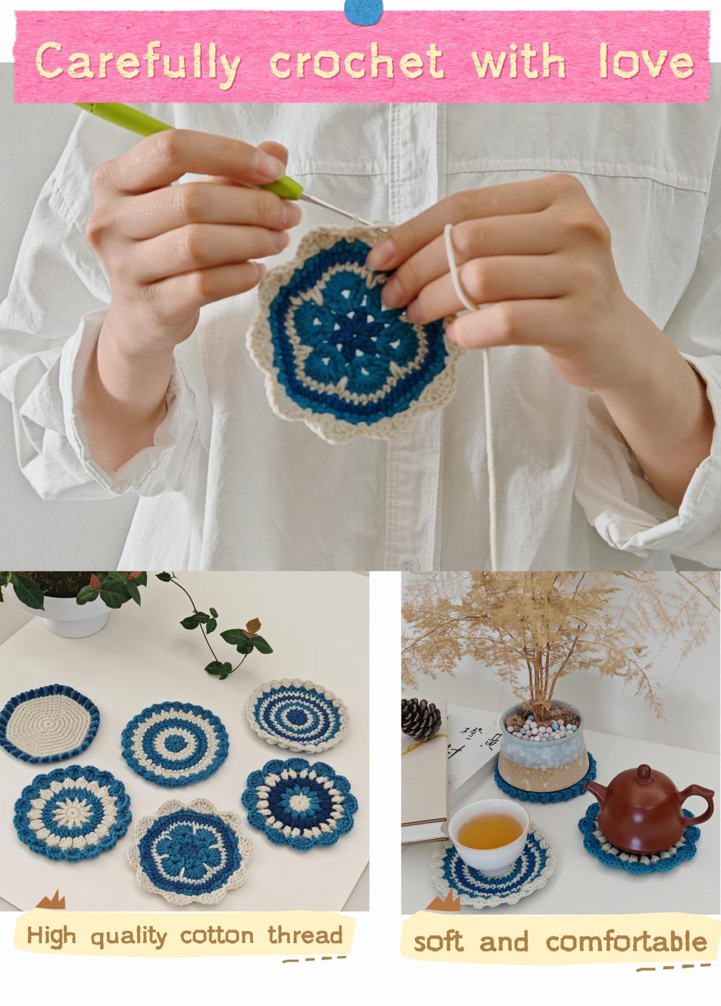 Handmade Crocheted Pure Cotton Coasters, 6-piece Set of Coasters, for Desktop Protection, Home Decoration, Suitable for Weddings, Housewarming, Birthdays