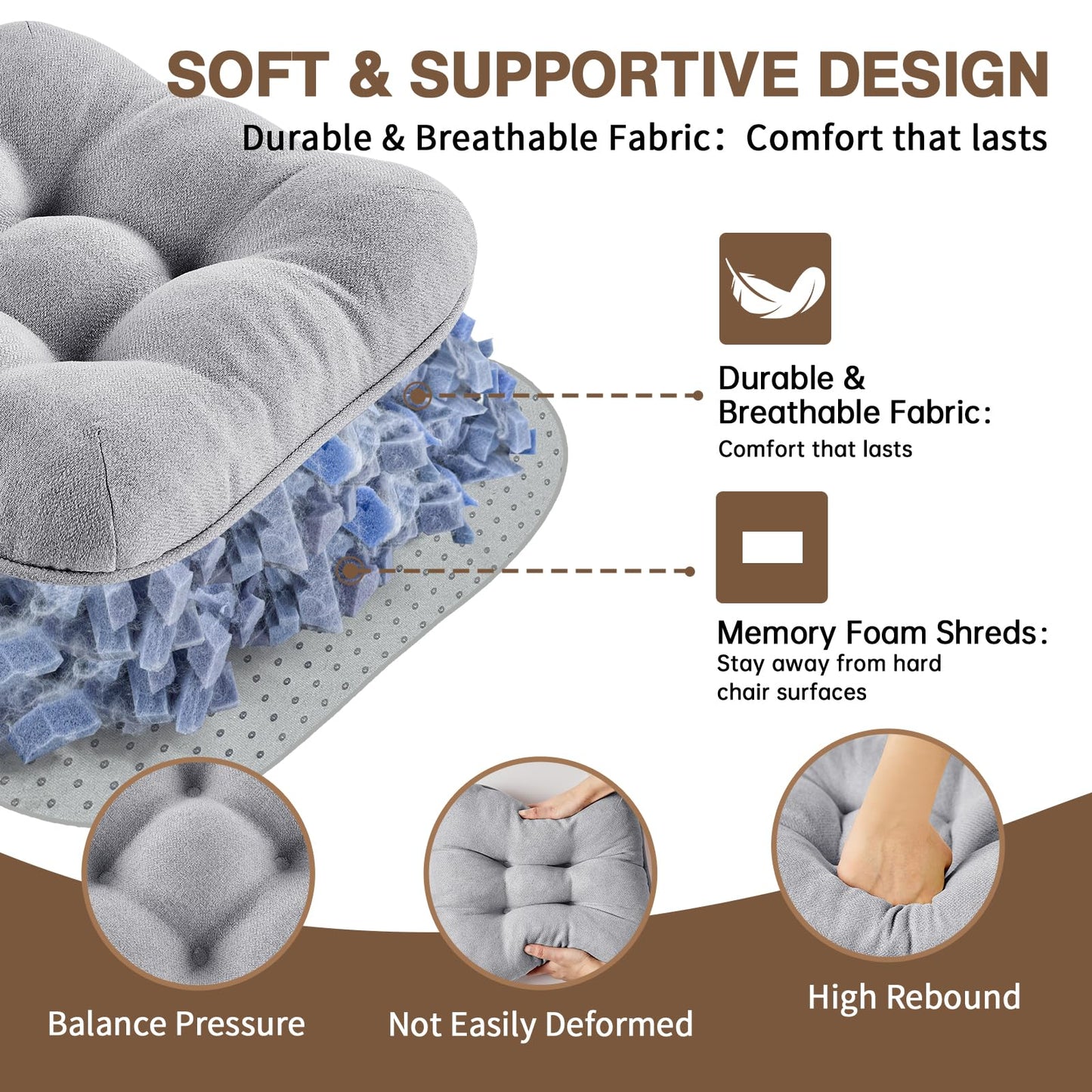 BETU Chair Cushions for Dining Chairs Set of 2,3.5" Thick Kitchen Table Chair Pads with Ties,Non Slip Backing and Covers, Seat Cushion for Dining Room,Bar,Patio Chairs,15.5"X15.5"X3.5",Light Grey